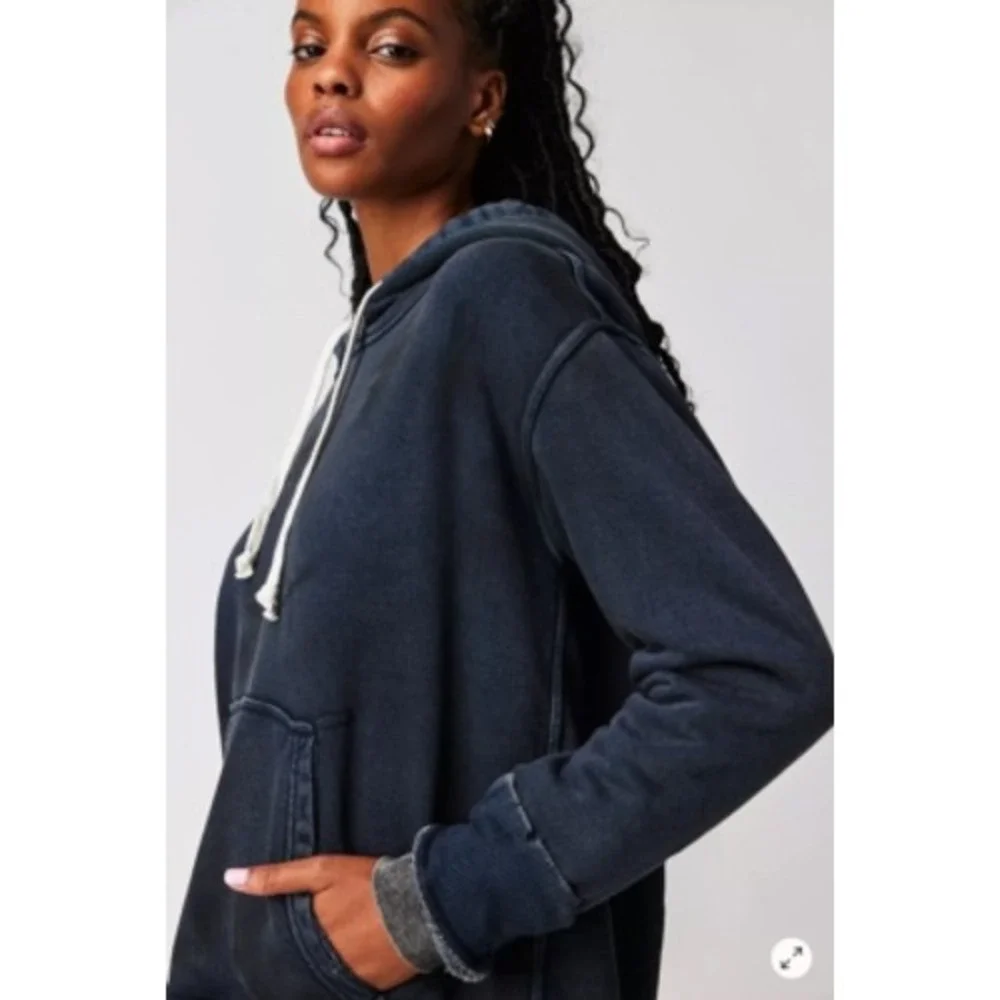 Free People We The Free Zuma Hoodie Washed Black Distressed Sweatshirt Small
